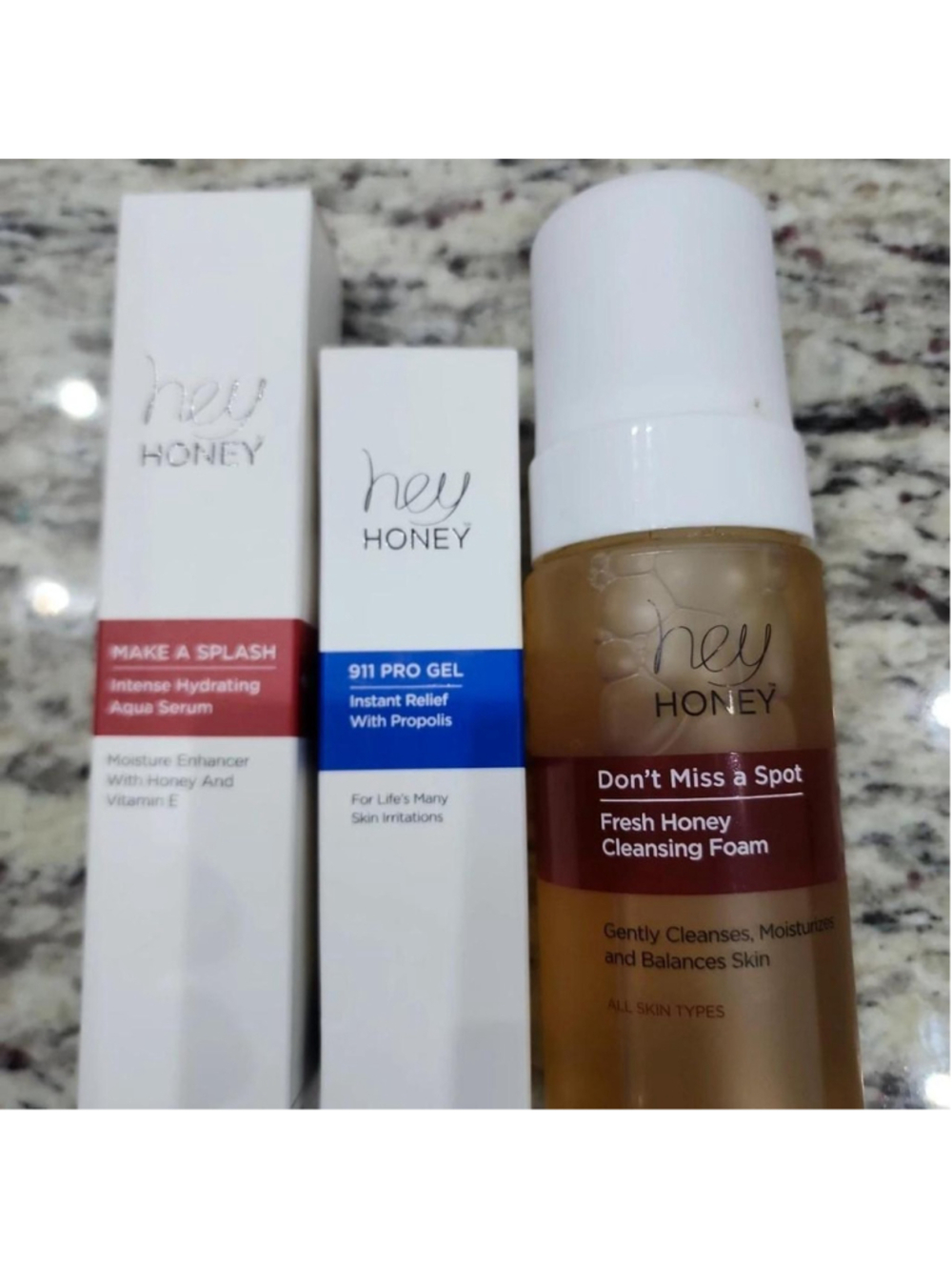 Hey Honey skincare set with cleansing foam, serum, and gel #skincare #set